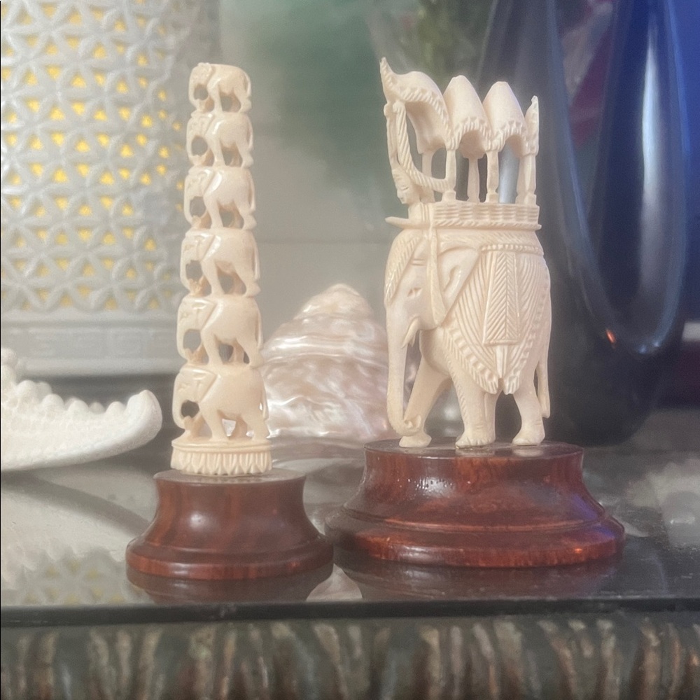 Intricately Carved Elephant Figurine Set - Cream and Brown